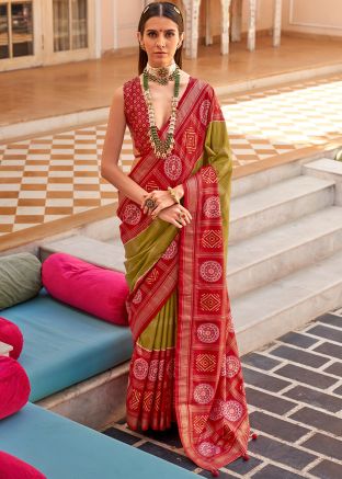 Green & Red Saree In Foil Print