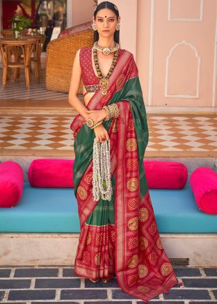 Bottle Green & Red Foil Print Saree