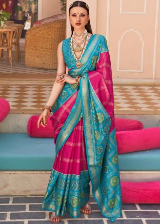 Pink & Blue Patola Print Saree