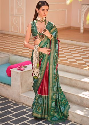 Red & Green Patola Print Saree In Silk