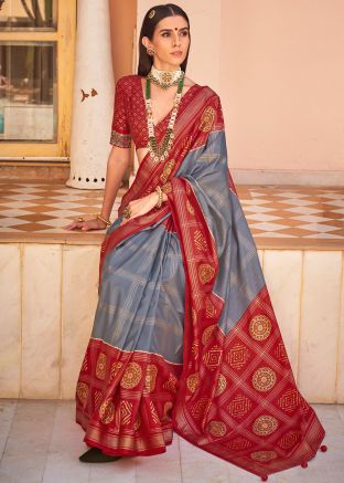 Grey & Red Patola Print Saree In Silk