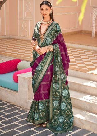 Purple & Green Foil Print Saree