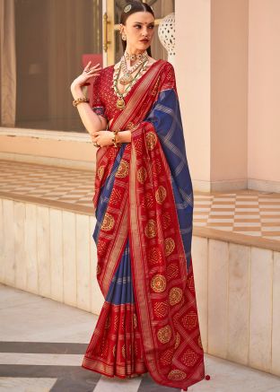 Blue & Red Saree In Foil Print