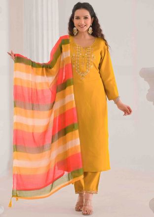 Readymade Yellow Embroidered Pant Suit In Viscose