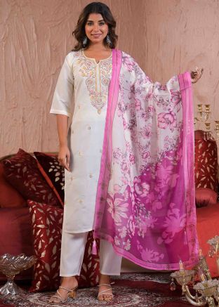 Readymade White Embroidered Pant Suit Set
