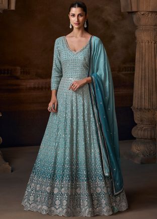 Readymade Shaded Blue Embellished Abaya Suit In Georgette
