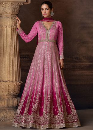 Shaded Pink Embroidered Readymade Abaya Suit