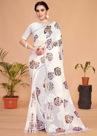 White Georgette Saree In Sequins Work