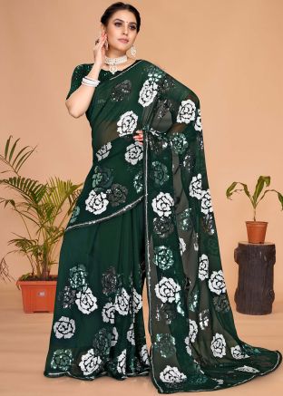 Green Sequins Embellished Saree In Georgette