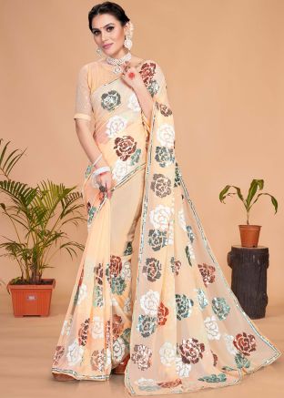 Beige Embellished Georgette Saree