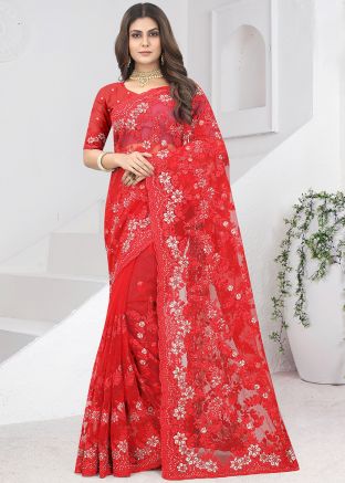 Red Resham Embroidered Net Saree