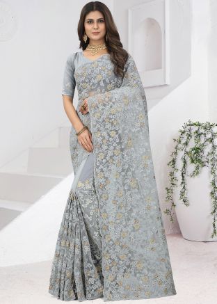 Grey Resham Embroidered Net Saree