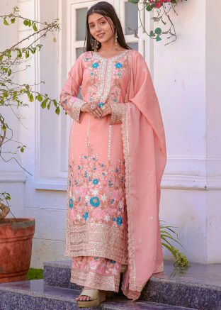 Peach Sequins Work Salwar Suit Set