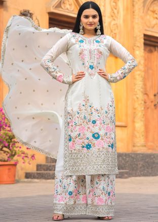 White Embroidered Salwar Suit Set In Chiffon