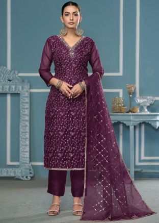 Purple Embroidered Organza Salwar Suit Set
