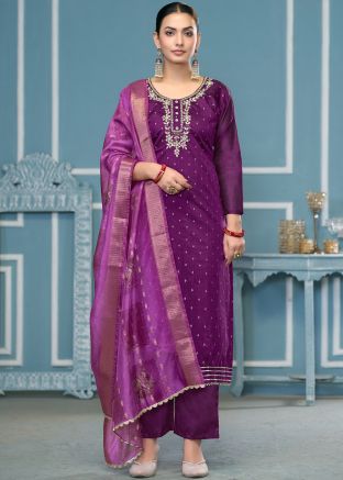 Purple Organza Salwar Suit Set In Zari Woven Work