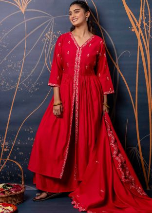 Red Embroidered Slit Style Salwar Suit Set