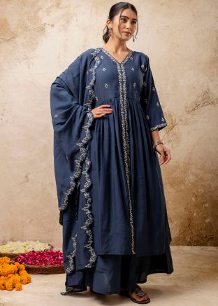 Blue Sequin Embroidered Salwar Suit Set