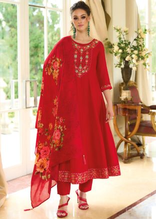 Red Embroidered Anarkali Salwar Suit Set In Art Silk
