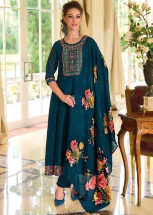 Blue Embroidered Salwar Suit Set In Art Silk