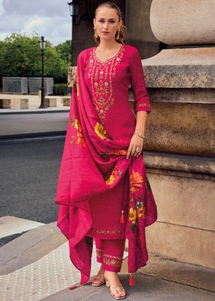 Peach Embroidered Salwar Suit Set In Viscose