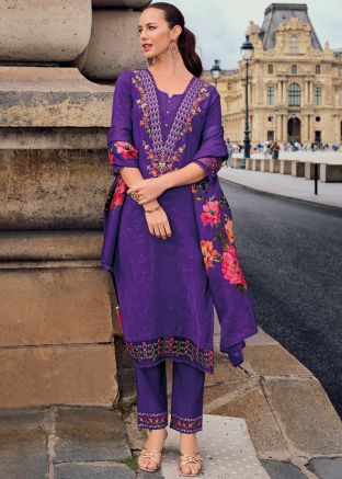 Purple Embroidered Pant Salwar Suit Set
