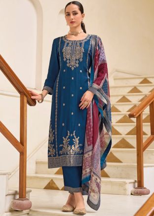 Blue Viscose Salwar Suit Set In Zari Woven Work