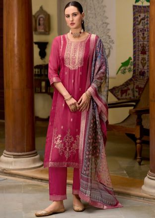 Pink Zari Woven Salwar Suit Set In Viscose