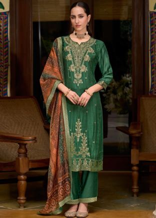 Green  Zari Woven Salwar Suit Set In Viscose