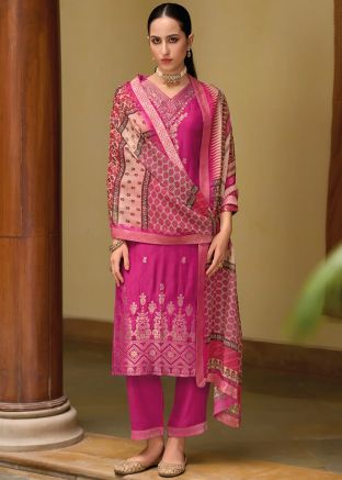 Pink Zari Woven Salwar Suit Set In Viscose
