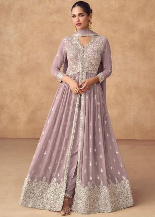 Readymade Purple Embroidered Slitted Pant Suit