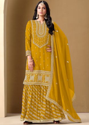 Readymade Yellow Embroidered Palazzo Suit Set