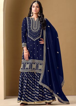 Navy Blue Readymade Embroidered Palazzo Suit