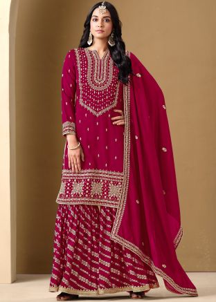 Maroon Readymade Embroidered Palazzo Suit