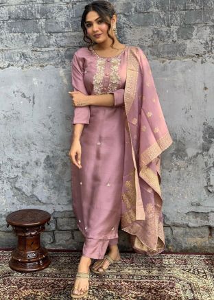 Mauve Embroidered Readymade Pant Suit