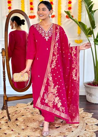 Pink Embroidered Readymade Pant Suit In Chanderi