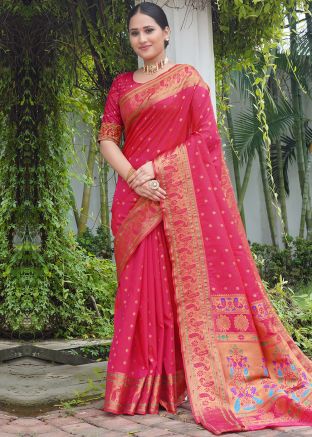 Pink Woven Art Silk Saree With Blouse