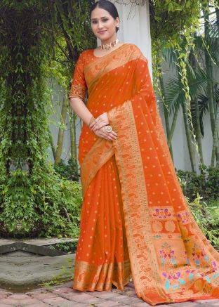 Orange Zari Woven Work Saree In Art Silk