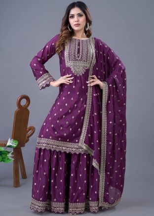 Purple Embroidered Readymade Sharara Suit Set