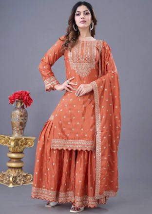 Readymade Orange Embroidered Sharara Suit