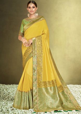Yellow Embroidered Satin Silk Saree