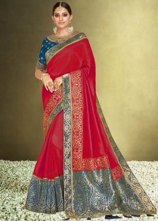 Red Satin Silk Saree In Woven Work