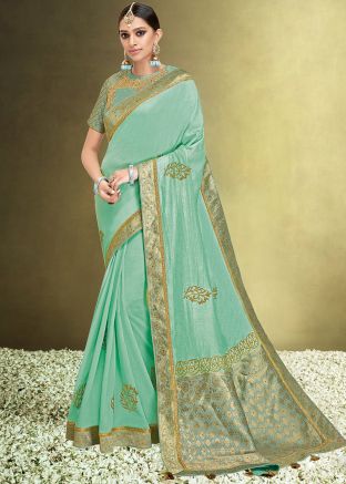 Pastel Green Embroidered Art Silk Saree