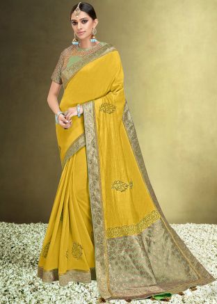 Yellow Art Silk Saree In Woven Work