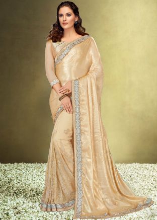 Cream Embroidered Saree In Georgette