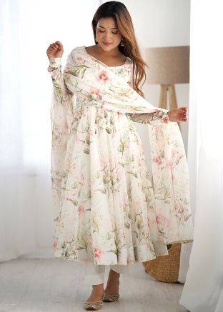 Readymade Off White Floral Print Organza Anarkali Suit