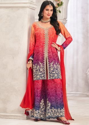 Readymade Multicolored Bandhej Print Palazzo Suit In Chiffon