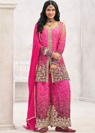 Readymade Pink Bandhej Print Palazzo Suit In Chiffon