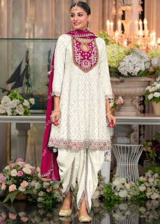 White Embroidered Salwar Suit Set In Chiffon