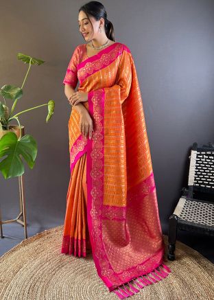 Orange Zari Woven Saree With Blouse